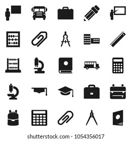 Flat vector icon set - graduate hat vector, pencil, school building, blackboard, ruler, drawing compass, case, backpack, bus, abacus, calculator, microscope, attachment, catalog