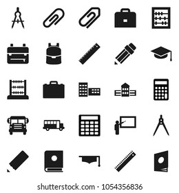 Flat vector icon set - graduate hat vector, pencil, school building, blackboard, ruler, drawing compass, case, backpack, bus, abacus, calculator, attachment, catalog
