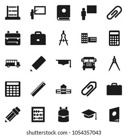 Flat vector icon set - graduate hat vector, pencil, school building, blackboard, ruler, drawing compass, case, backpack, bus, abacus, calculator, attachment, catalog