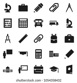 Flat vector icon set - graduate hat vector, pencil, school building, blackboard, ruler, drawing compass, case, backpack, bus, abacus, calculator, microscope, attachment, catalog