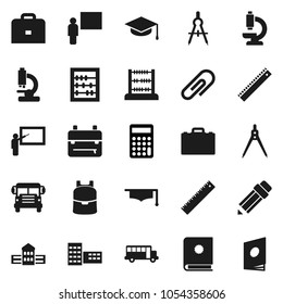 Flat vector icon set - graduate hat vector, pencil, school building, blackboard, ruler, drawing compass, case, backpack, bus, abacus, calculator, microscope, attachment, catalog