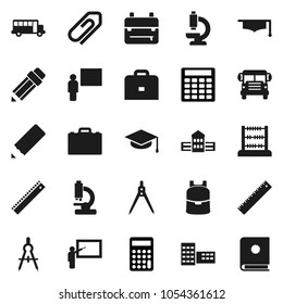 Flat vector icon set - graduate hat vector, pencil, school building, blackboard, ruler, drawing compass, case, backpack, bus, abacus, calculator, microscope, attachment, catalog