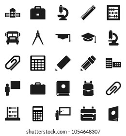 Flat vector icon set - graduate hat vector, pencil, school building, blackboard, ruler, drawing compass, case, backpack, bus, abacus, calculator, microscope, attachment, catalog