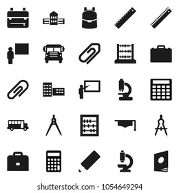 Flat vector icon set - graduate hat vector, pencil, school building, blackboard, ruler, drawing compass, case, backpack, bus, abacus, calculator, microscope, attachment, catalog