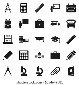 Flat vector icon set - graduate hat vector, pencil, school building, blackboard, ruler, drawing compass, case, backpack, bus, abacus, calculator, microscope, attachment, catalog