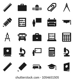 Flat vector icon set - graduate hat vector, pencil, school building, blackboard, ruler, drawing compass, case, backpack, bus, abacus, calculator, microscope, attachment, catalog