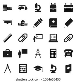 Flat vector icon set - graduate hat vector, pencil, school building, blackboard, ruler, drawing compass, case, backpack, bus, abacus, calculator, microscope, attachment, catalog