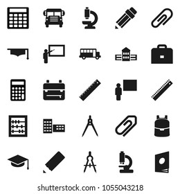 Flat vector icon set - graduate hat vector, pencil, school building, blackboard, ruler, drawing compass, case, backpack, bus, abacus, calculator, microscope, attachment, catalog