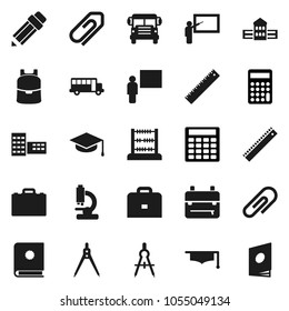 Flat vector icon set - graduate hat vector, pencil, school building, blackboard, ruler, drawing compass, case, backpack, bus, abacus, calculator, microscope, attachment, catalog