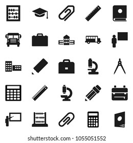 Flat vector icon set - graduate hat vector, pencil, school building, blackboard, ruler, drawing compass, case, backpack, bus, abacus, calculator, microscope, attachment, catalog