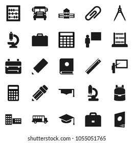Flat vector icon set - graduate hat vector, pencil, school building, blackboard, ruler, drawing compass, case, backpack, bus, abacus, calculator, microscope, attachment, catalog