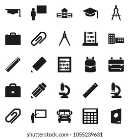 Flat vector icon set - graduate hat vector, pencil, school building, blackboard, ruler, drawing compass, case, backpack, bus, abacus, calculator, microscope, attachment, catalog