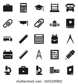 Flat vector icon set - graduate hat vector, pencil, school building, ruler, drawing compass, case, backpack, bus, abacus, calculator, microscope, attachment, catalog