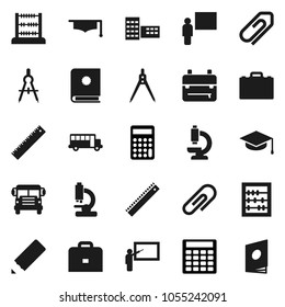 Flat vector icon set - graduate hat vector, pencil, school building, blackboard, ruler, drawing compass, case, backpack, bus, abacus, calculator, microscope, attachment, catalog