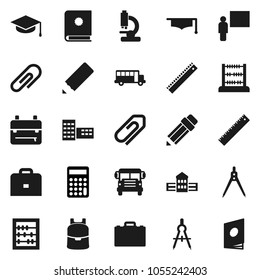 Flat vector icon set - graduate hat vector, pencil, school building, blackboard, ruler, drawing compass, case, backpack, bus, abacus, calculator, microscope, attachment, catalog