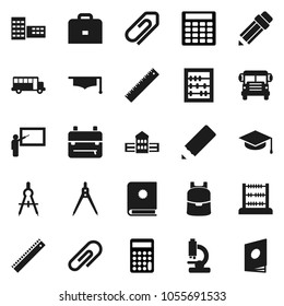 Flat vector icon set - graduate hat vector, pencil, school building, blackboard, ruler, drawing compass, case, backpack, bus, abacus, calculator, microscope, attachment, catalog