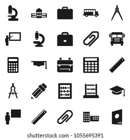 Flat vector icon set - graduate hat vector, pencil, school building, blackboard, ruler, drawing compass, case, backpack, bus, abacus, calculator, microscope, attachment, catalog