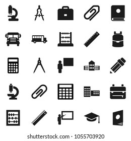 Flat vector icon set - graduate hat vector, pencil, school building, blackboard, ruler, drawing compass, case, backpack, bus, abacus, calculator, microscope, attachment, catalog