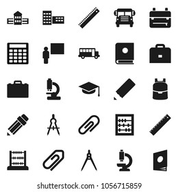 Flat vector icon set - graduate hat vector, pencil, school building, blackboard, ruler, drawing compass, case, backpack, bus, abacus, calculator, microscope, attachment, catalog