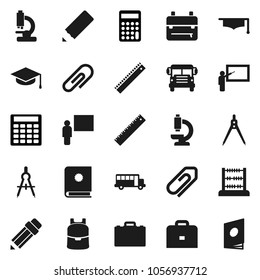 Flat vector icon set - graduate hat vector, pencil, blackboard, ruler, drawing compass, case, backpack, school bus, abacus, calculator, microscope, attachment, catalog