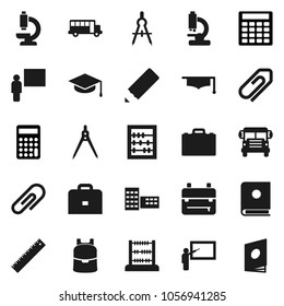 Flat vector icon set - graduate hat vector, pencil, school building, blackboard, ruler, drawing compass, case, backpack, bus, abacus, calculator, microscope, attachment, catalog