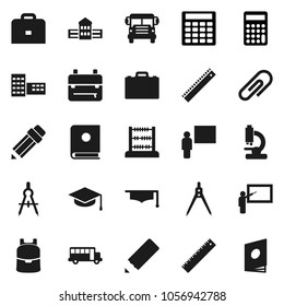 Flat vector icon set - graduate hat vector, pencil, school building, blackboard, ruler, drawing compass, case, backpack, bus, abacus, calculator, microscope, attachment, catalog