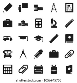 Flat vector icon set - graduate hat vector, pencil, school building, blackboard, ruler, drawing compass, case, backpack, bus, abacus, calculator, microscope, attachment, catalog
