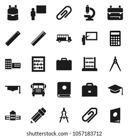 Flat vector icon set - graduate hat vector, pencil, school building, blackboard, ruler, drawing compass, case, backpack, bus, abacus, calculator, microscope, attachment, catalog