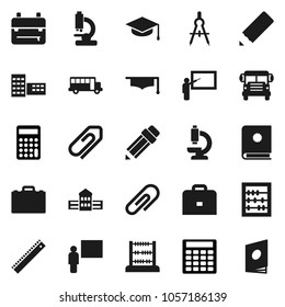 Flat vector icon set - graduate hat vector, pencil, school building, blackboard, ruler, drawing compass, case, backpack, bus, abacus, calculator, microscope, attachment, catalog