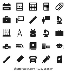 Flat vector icon set - graduate hat vector, pencil, school building, blackboard, ruler, drawing compass, case, backpack, bus, abacus, calculator, microscope, attachment, catalog