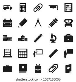 Flat vector icon set - graduate hat vector, pencil, school building, blackboard, ruler, drawing compass, case, backpack, bus, abacus, calculator, microscope, attachment, catalog