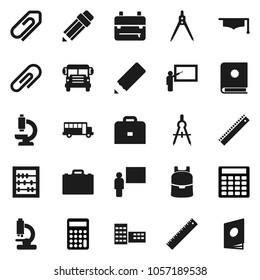 Flat vector icon set - graduate hat vector, pencil, school building, blackboard, ruler, drawing compass, case, backpack, bus, abacus, calculator, microscope, attachment, catalog