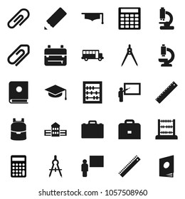 Flat vector icon set - graduate hat vector, pencil, school building, blackboard, ruler, drawing compass, case, backpack, bus, abacus, calculator, microscope, attachment, catalog