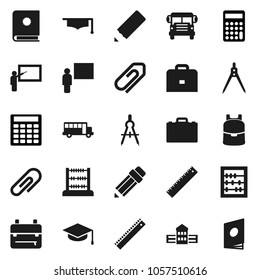 Flat vector icon set - graduate hat vector, pencil, school building, blackboard, ruler, drawing compass, case, backpack, bus, abacus, calculator, attachment, catalog