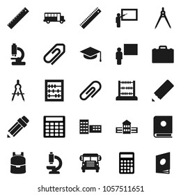 Flat vector icon set - graduate hat vector, pencil, school building, blackboard, ruler, drawing compass, case, backpack, bus, abacus, calculator, microscope, attachment, catalog