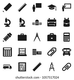 Flat vector icon set - graduate hat vector, pencil, school building, blackboard, ruler, drawing compass, case, backpack, bus, abacus, calculator, microscope, attachment