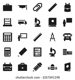 Flat vector icon set - graduate hat vector, pencil, school building, blackboard, ruler, drawing compass, case, backpack, bus, abacus, calculator, microscope, attachment, catalog