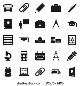 Flat vector icon set - graduate hat vector, pencil, school building, blackboard, ruler, drawing compass, case, backpack, bus, abacus, calculator, microscope, attachment, catalog