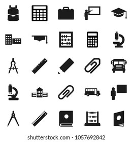 Flat vector icon set - graduate hat vector, pencil, school building, blackboard, ruler, drawing compass, case, backpack, bus, abacus, calculator, microscope, attachment, catalog