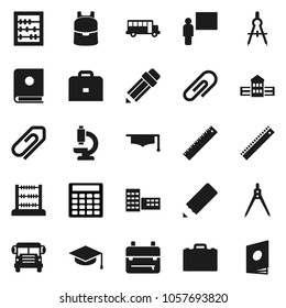 Flat vector icon set - graduate hat vector, pencil, school building, blackboard, ruler, drawing compass, case, backpack, bus, abacus, calculator, microscope, attachment, catalog