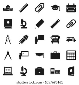 Flat vector icon set - graduate hat vector, pencil, school building, blackboard, ruler, drawing compass, case, backpack, bus, abacus, calculator, microscope, attachment, catalog