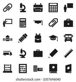 Flat vector icon set - graduate hat vector, pencil, school building, blackboard, ruler, case, backpack, bus, abacus, calculator, microscope, attachment, catalog