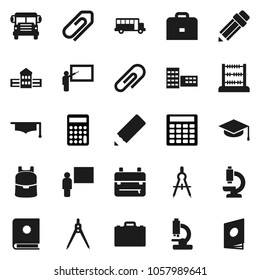 Flat vector icon set - graduate hat vector, pencil, school building, blackboard, drawing compass, case, backpack, bus, abacus, calculator, microscope, attachment, catalog