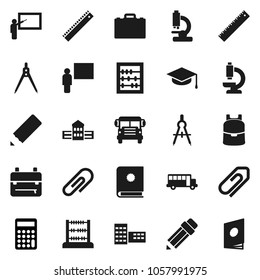 Flat vector icon set - graduate hat vector, pencil, school building, blackboard, ruler, drawing compass, case, backpack, bus, abacus, calculator, microscope, attachment, catalog