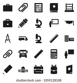 Flat vector icon set - graduate hat vector, pencil, school building, blackboard, ruler, drawing compass, case, backpack, bus, abacus, calculator, microscope, attachment, catalog