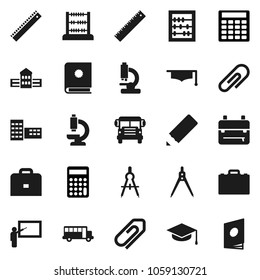 Flat vector icon set - graduate hat vector, pencil, school building, blackboard, ruler, drawing compass, case, backpack, bus, abacus, calculator, microscope, attachment, catalog