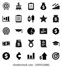 Flat vector icon set - graduate hat vector, clipboard, certificate, graph, pie, japanese candle, money bag, dollar growth, bank building, target, medal, cent sign, stairways run, favorites, cash