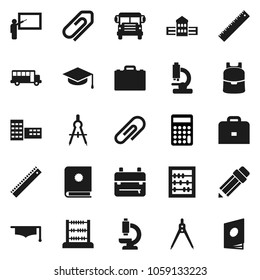 Flat vector icon set - graduate hat vector, pencil, school building, blackboard, ruler, drawing compass, case, backpack, bus, abacus, calculator, microscope, attachment, catalog