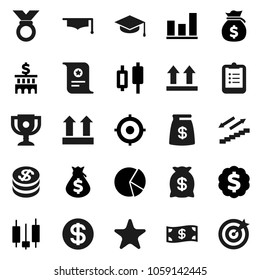 Flat vector icon set - graduate hat vector, clipboard, award cup, certificate, graph, pie, japanese candle, money bag, bank building, target, dollar medal, stairways run, top sign, favorites, coin