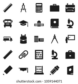 Flat vector icon set - graduate hat vector, pencil, school building, blackboard, ruler, drawing compass, case, backpack, bus, abacus, calculator, microscope, attachment, catalog